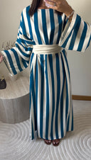 ROBE À RAYURES AVEC CEINTURE | BLEU CANARD