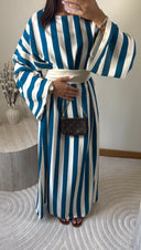ROBE À RAYURES AVEC CEINTURE | BLEU CANARD